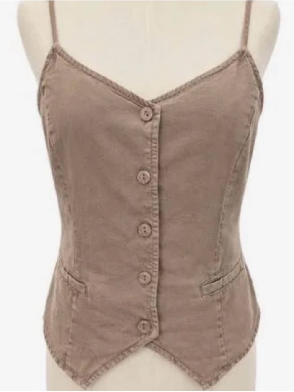 Women's Taupe Button-Front Spaghetti Strap Lyocell Structured Vest Medium